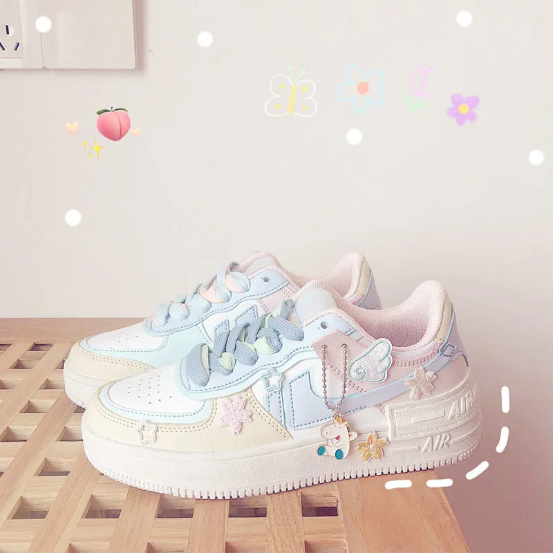 flowersverse Women's Casual Running Shoes for Breathable Platform Spring Shoes Chaussures Peach Cherry Pink Ring White Blue Low-top