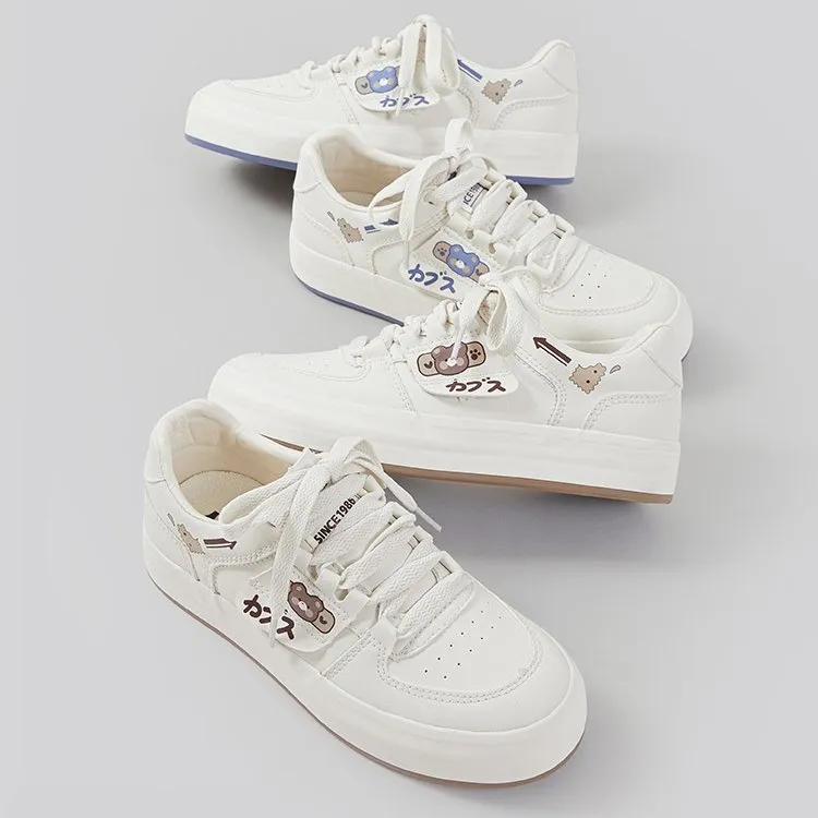 Japanese All-match Cute Bear White Sneakers