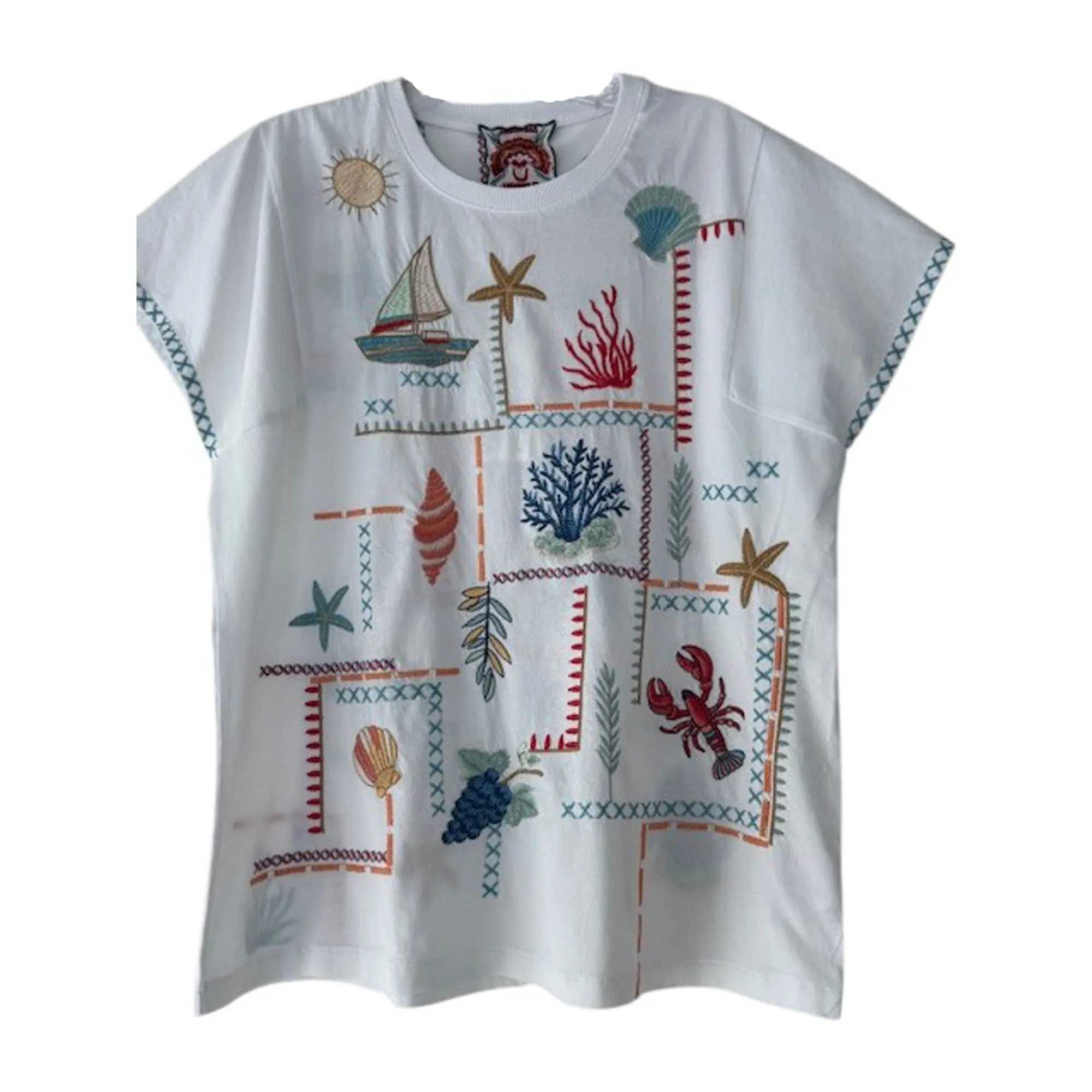Johnny Was Amalfi Boxy Square Sleeve Tee Shirt Cotton Embroidery White Top NEW