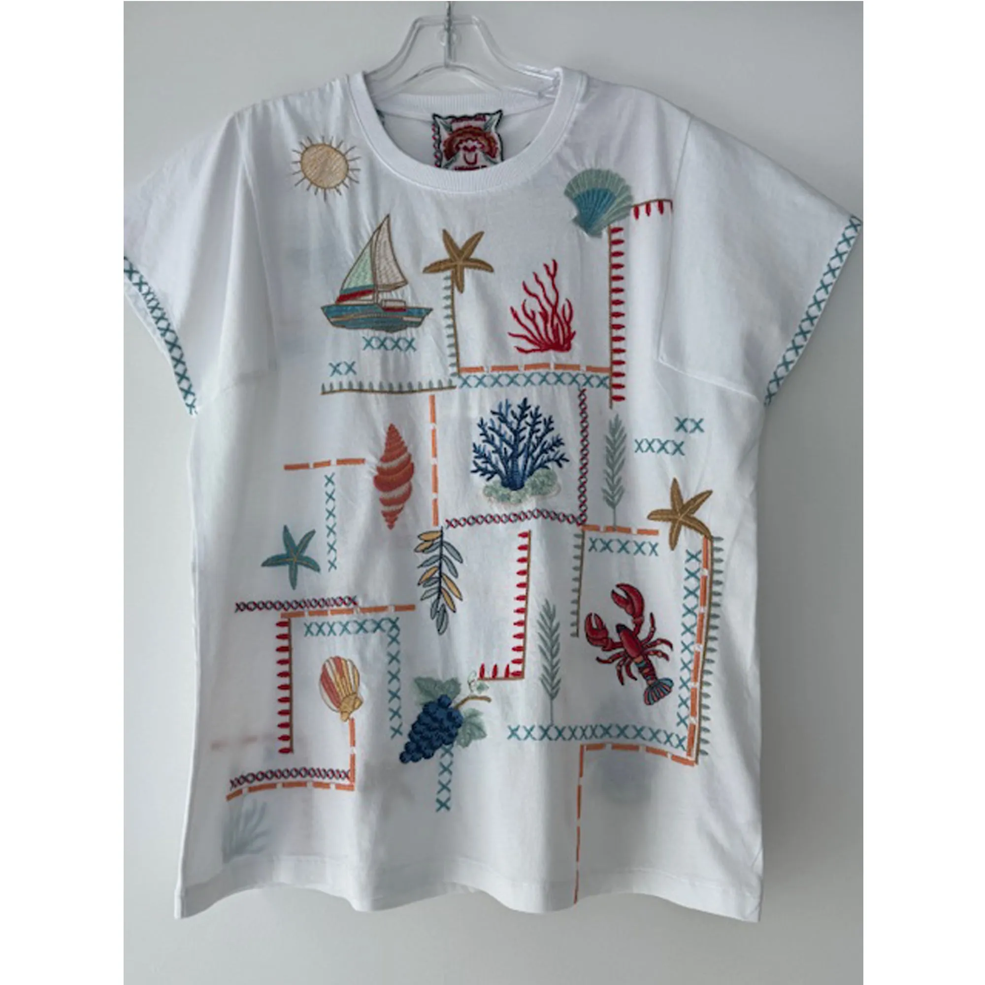 Johnny Was Amalfi Boxy Square Sleeve Tee Shirt Cotton Embroidery White Top NEW