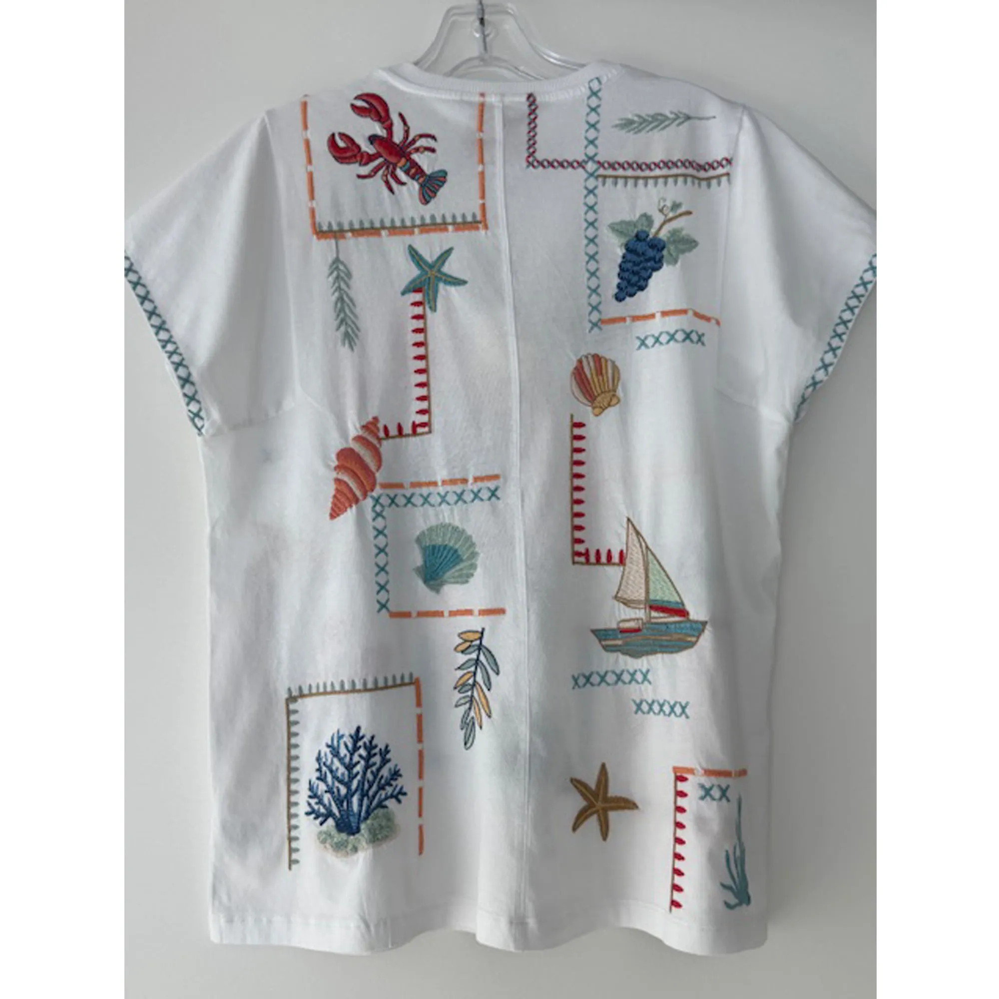 Johnny Was Amalfi Boxy Square Sleeve Tee Shirt Cotton Embroidery White Top NEW