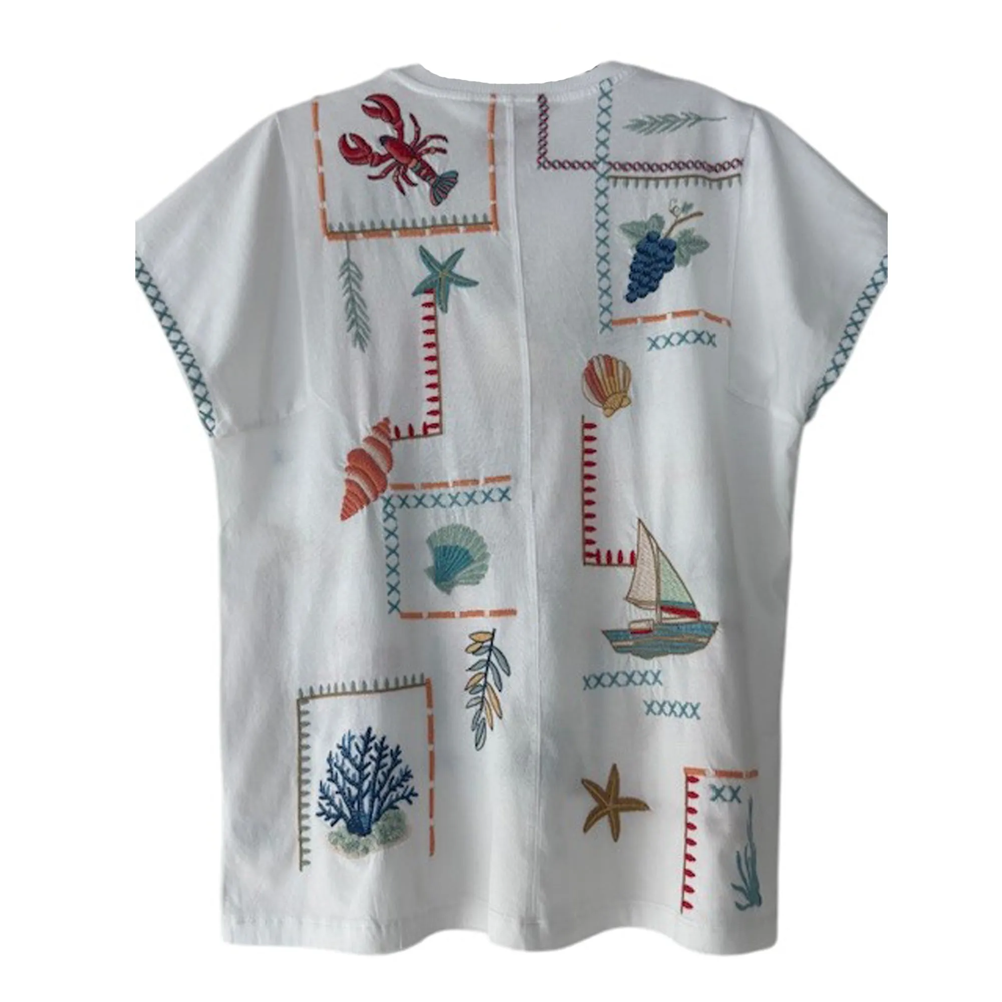 Johnny Was Amalfi Boxy Square Sleeve Tee Shirt Cotton Embroidery White Top NEW