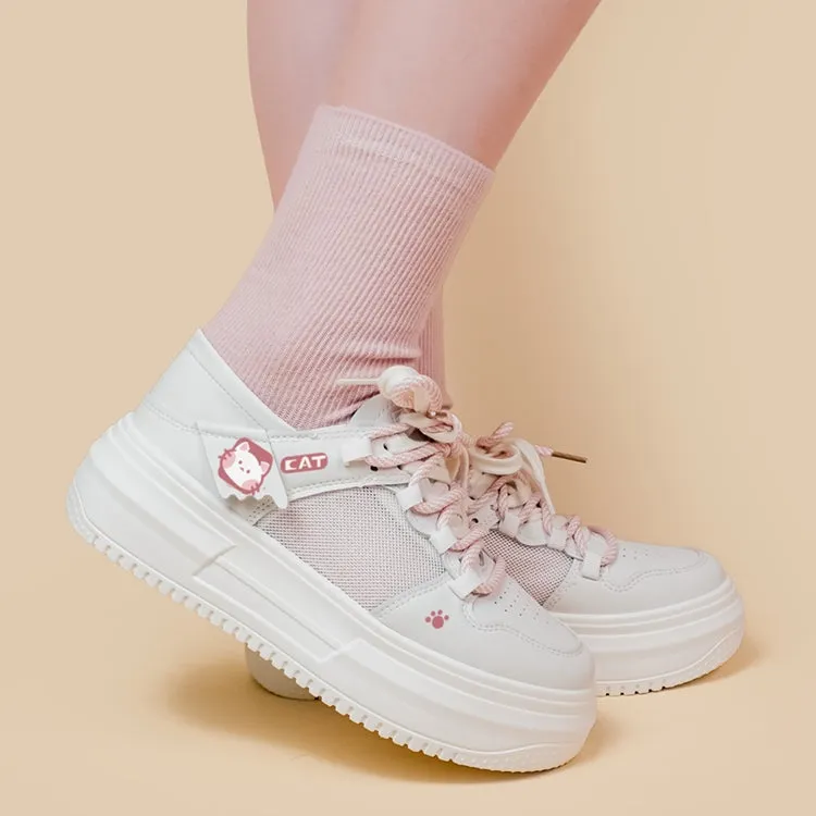 Summer Sweet and Cute Pink Kitten Print Platform Sneakers