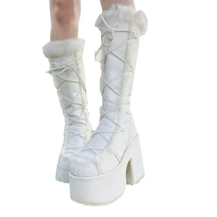 Wenkouban Christmas outfits winter outfits  Black Friday Christmas party outfits Autumn and Winter Fashion Thick Bottom Banquet 40-43 plus Size Furry High Heel High-Top Women's Boots