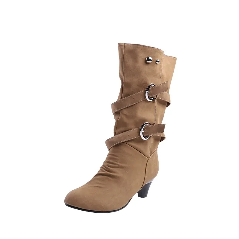 Women's Winter Warm Mid-Calf Boots With Decorative Buckles